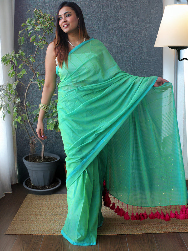 Sea Green Sequinned Mul Mul Cotton Saree With Large Tassels