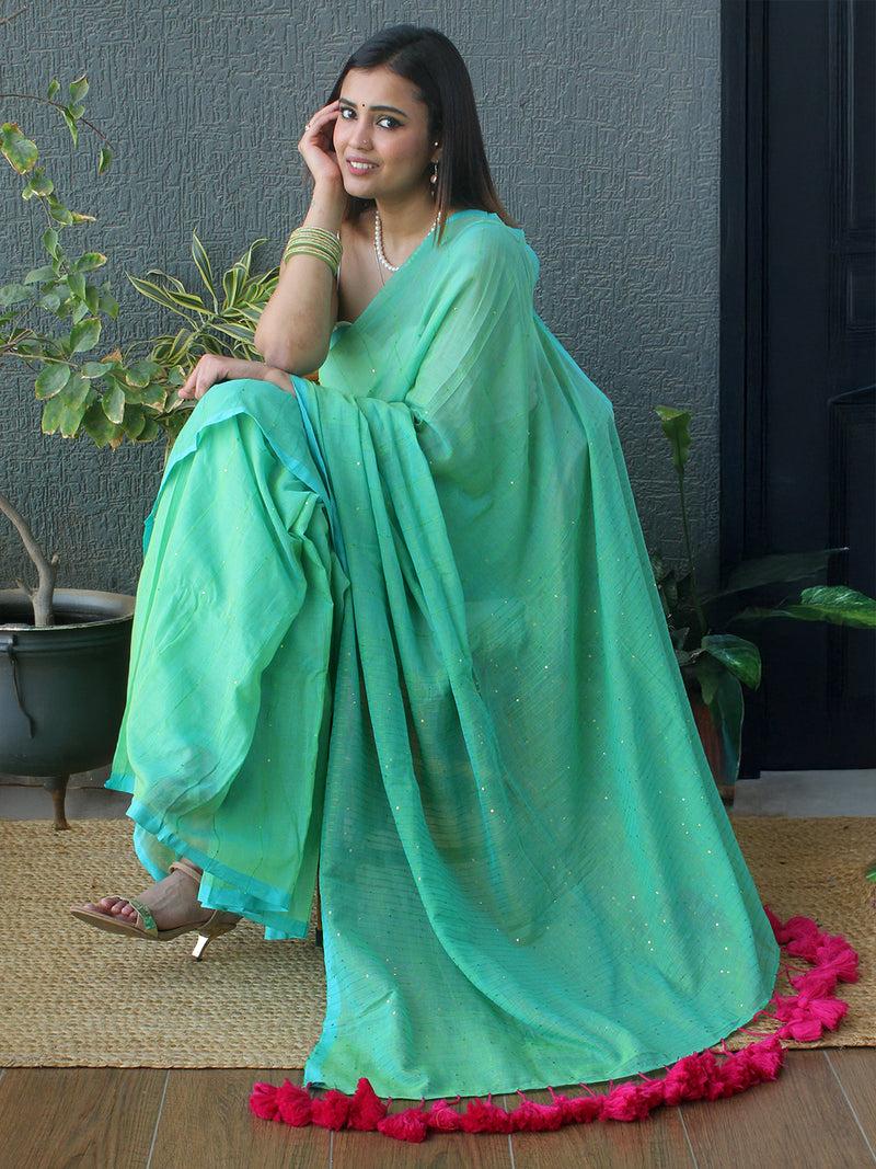Sea Green Sequinned Mul Mul Cotton Saree With Large Tassels