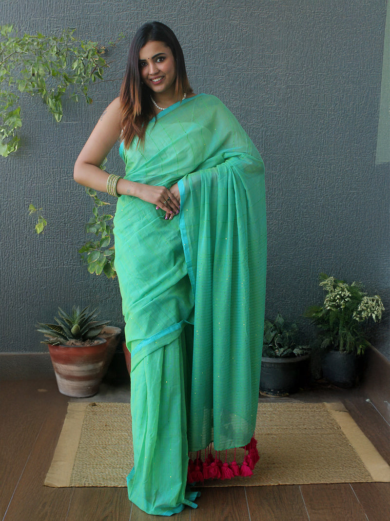 Sea Green Sequinned Mul Mul Cotton Saree With Large Tassels