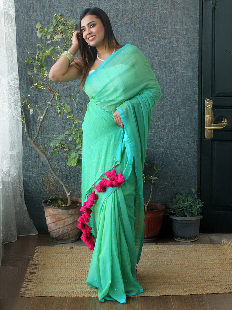 Sea Green Sequinned Mul Mul Cotton Saree With Large Tassels