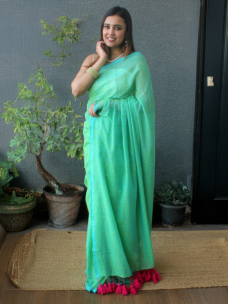 Sea Green Sequinned Mul Mul Cotton Saree With Large Tassels