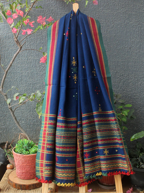 Blue Bhujodi Handloom Acrylic Wool Shawl With Mirror Work