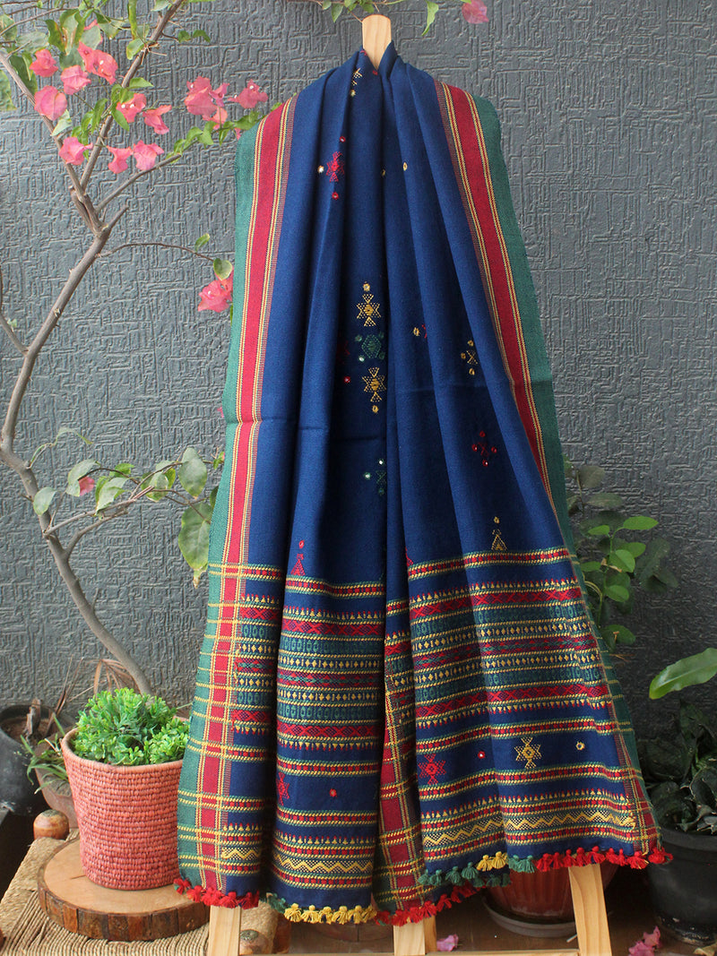 Blue Bhujodi Handloom Acrylic Wool Shawl With Mirror Work