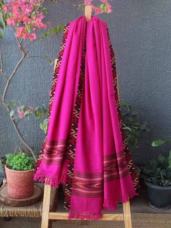 Pink Kullu Handloom Pure Wool Shawl With Woven Borders