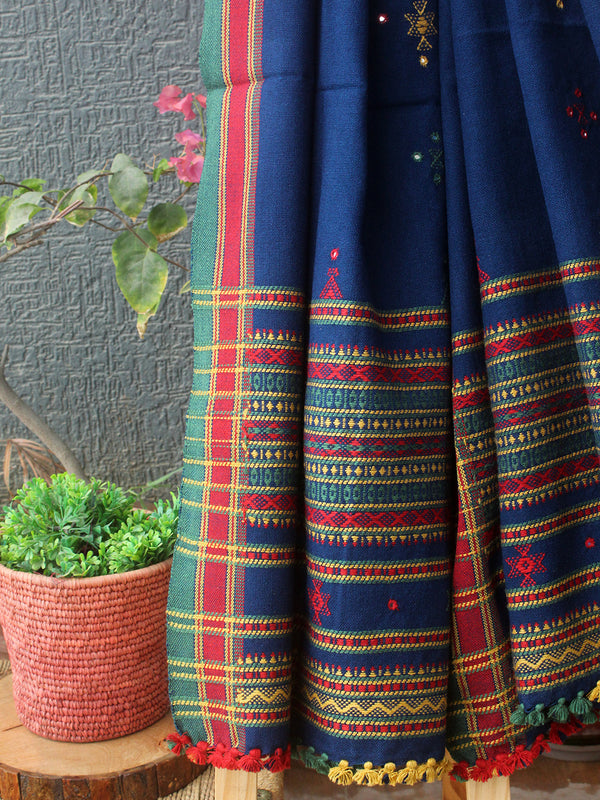 Blue Bhujodi Handloom Acrylic Wool Shawl With Mirror Work