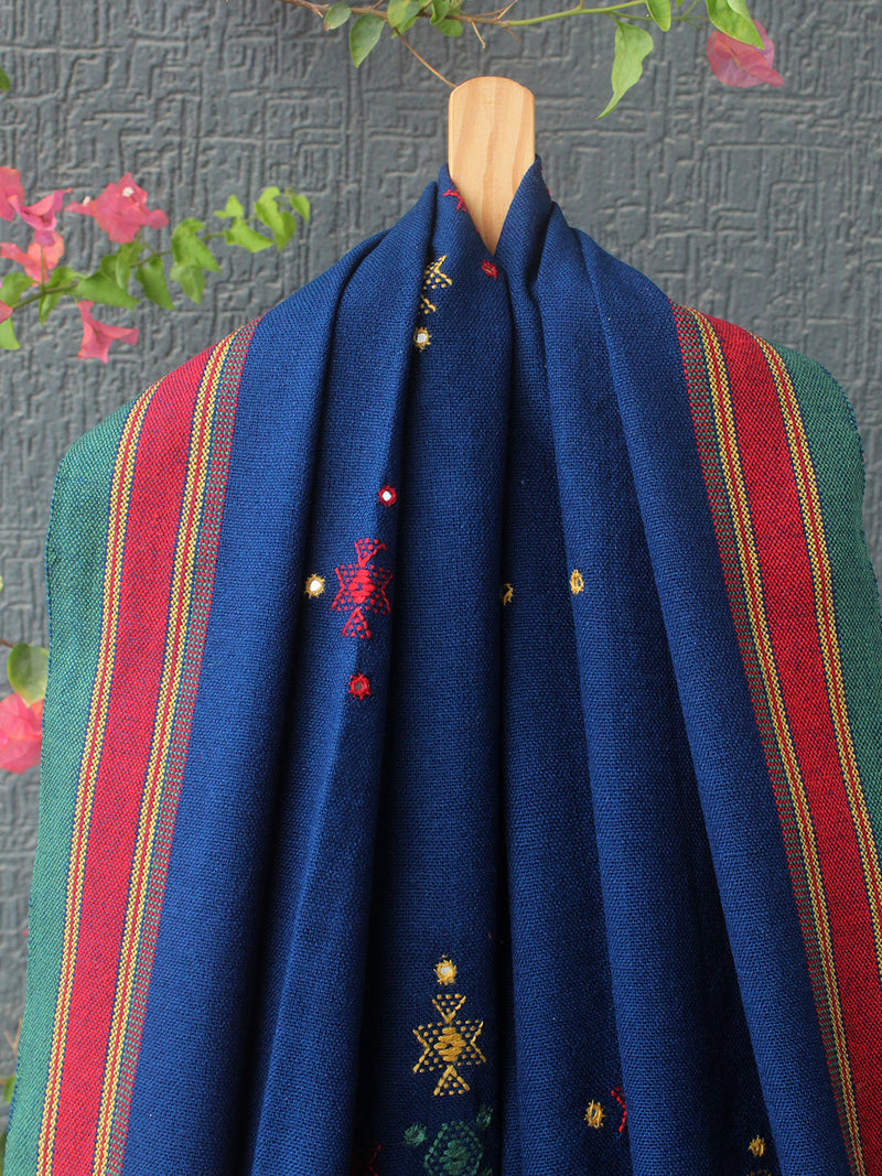 Blue Bhujodi Handloom Acrylic Wool Shawl With Mirror Work