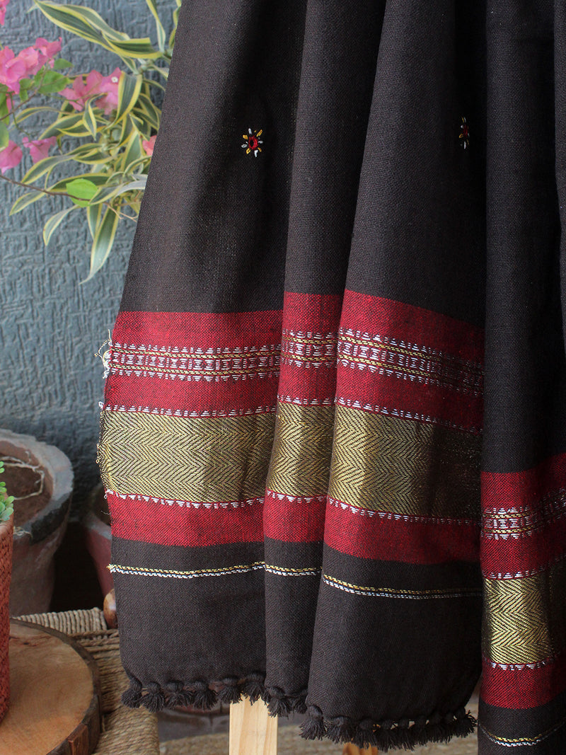 Brown Bhujodi Handloom Acrylic Wool Jamkhambaliya Shawl With Mirror Work