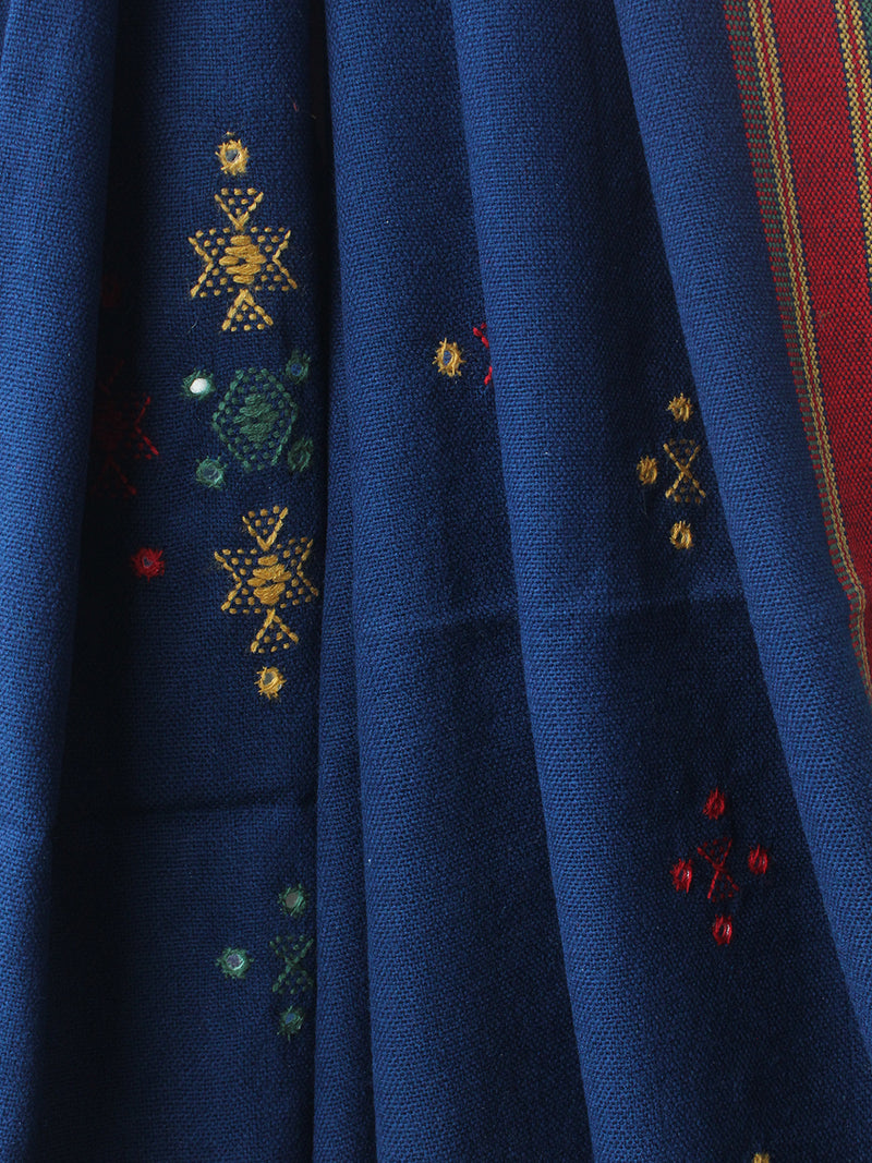 Blue Bhujodi Handloom Acrylic Wool Shawl With Mirror Work