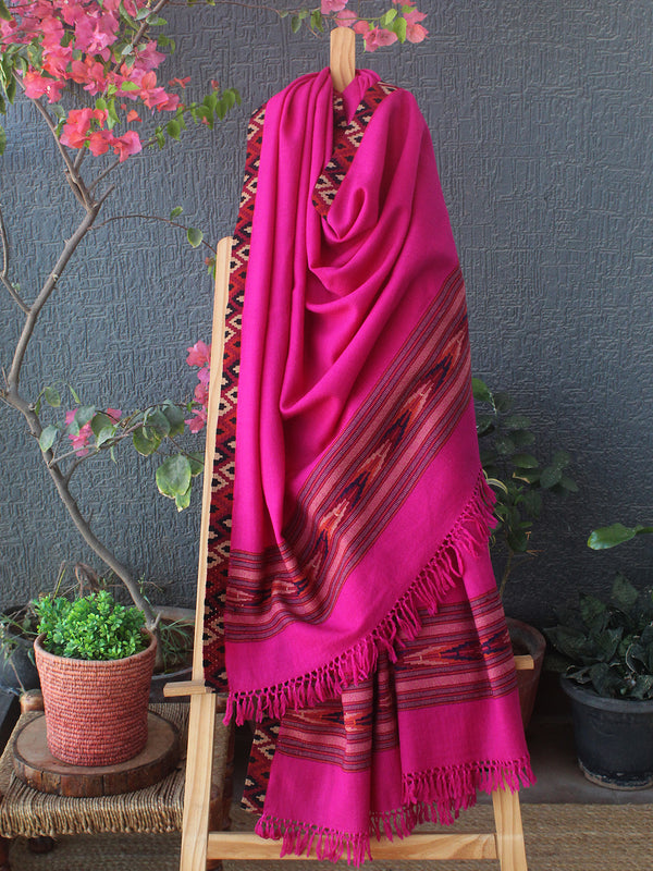 Pink Kullu Handloom Pure Wool Shawl With Woven Borders