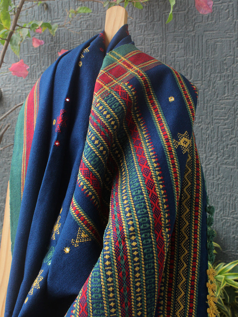 Blue Bhujodi Handloom Acrylic Wool Shawl With Mirror Work