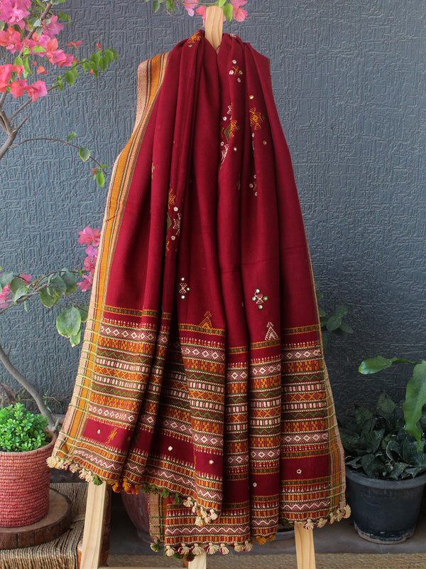 Maroon Bhujodi Handloom Acrylic Wool Shawl