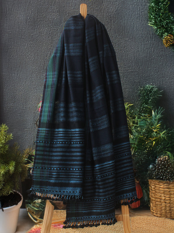 Indigo and Black Bhujodi Handloom Pure Wool Shawl with Tassels