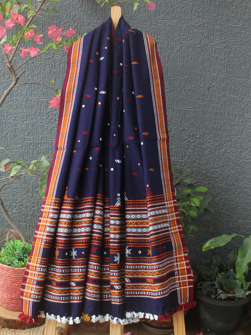 Ink Blue Bhujodi Handloom Acrylic Wool Shawl With Mirror Work