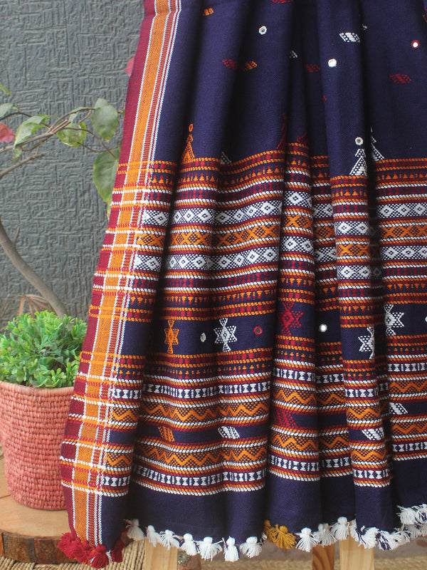 Ink Blue Bhujodi Handloom Acrylic Wool Shawl With Mirror Work