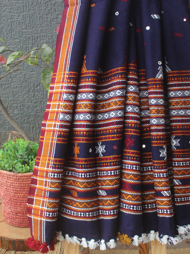 Ink Blue Bhujodi Handloom Acrylic Wool Shawl With Mirror Work