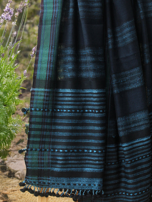 Indigo and Black Bhujodi Handloom Pure Wool Shawl with Tassels