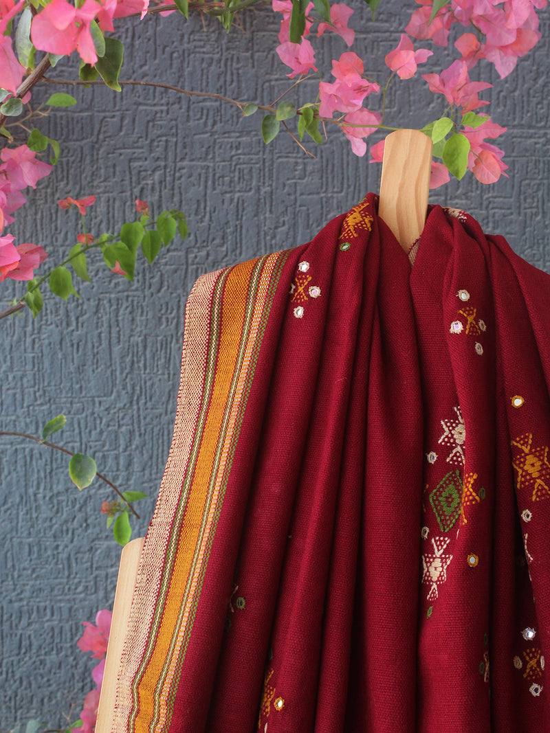 Maroon Bhujodi Handloom Acrylic Wool Shawl