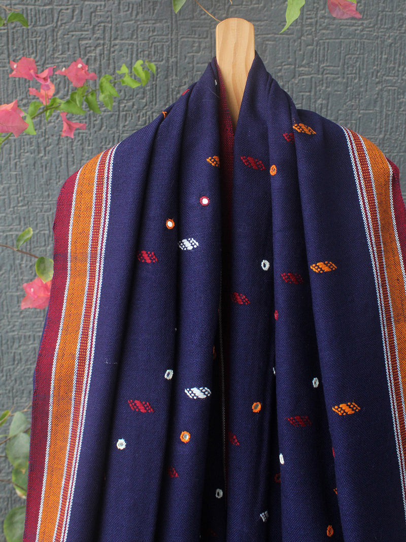 Ink Blue Bhujodi Handloom Acrylic Wool Shawl With Mirror Work