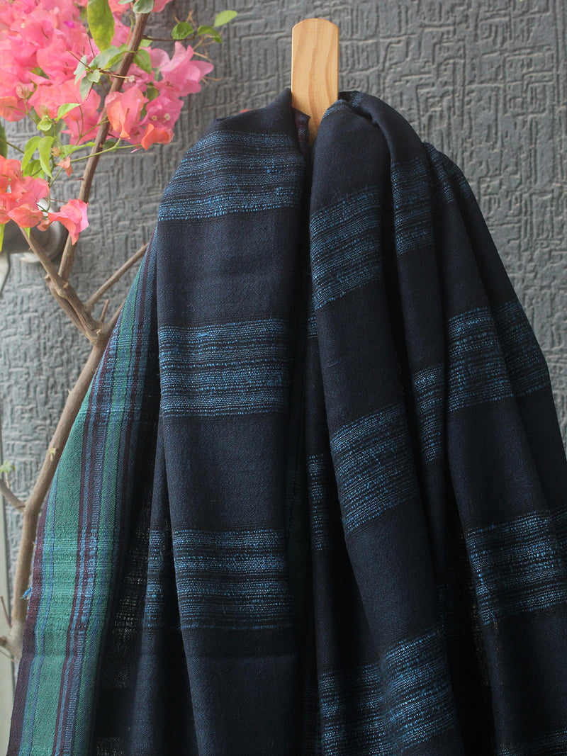 Indigo and Black Bhujodi Handloom Pure Wool Shawl with Tassels