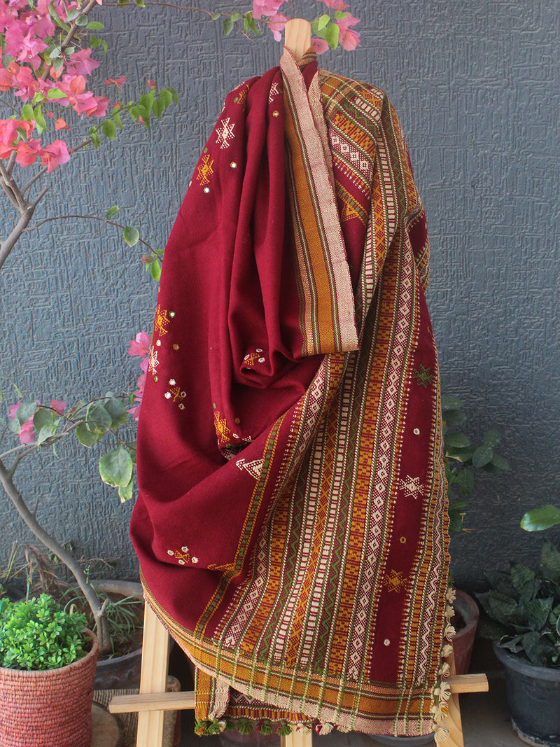 Maroon Bhujodi Handloom Acrylic Wool Shawl