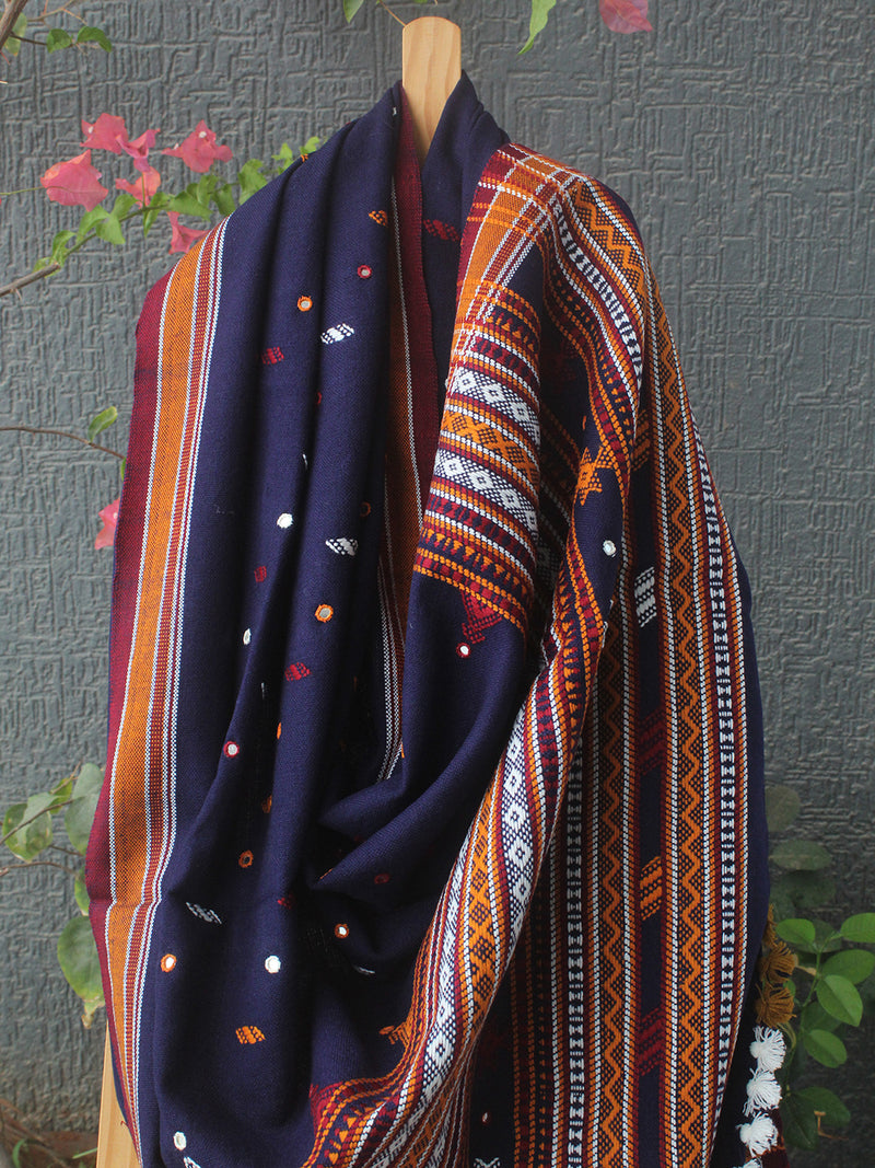 Ink Blue Bhujodi Handloom Acrylic Wool Shawl With Mirror Work