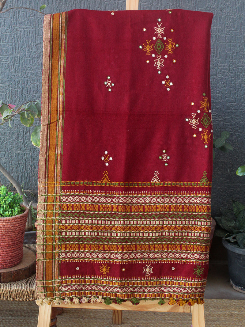 Maroon Bhujodi Handloom Acrylic Wool Shawl