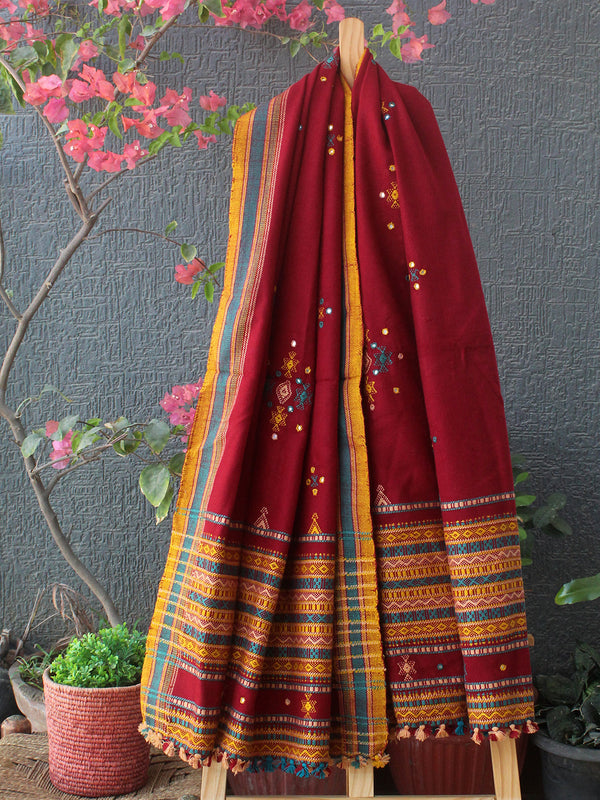 Maroon Bhujodi Handloom Acrylic Wool Shawl