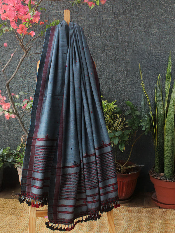 Indigo Bhujodi Handloom Pure Wool and Silk Shawl with Tassels