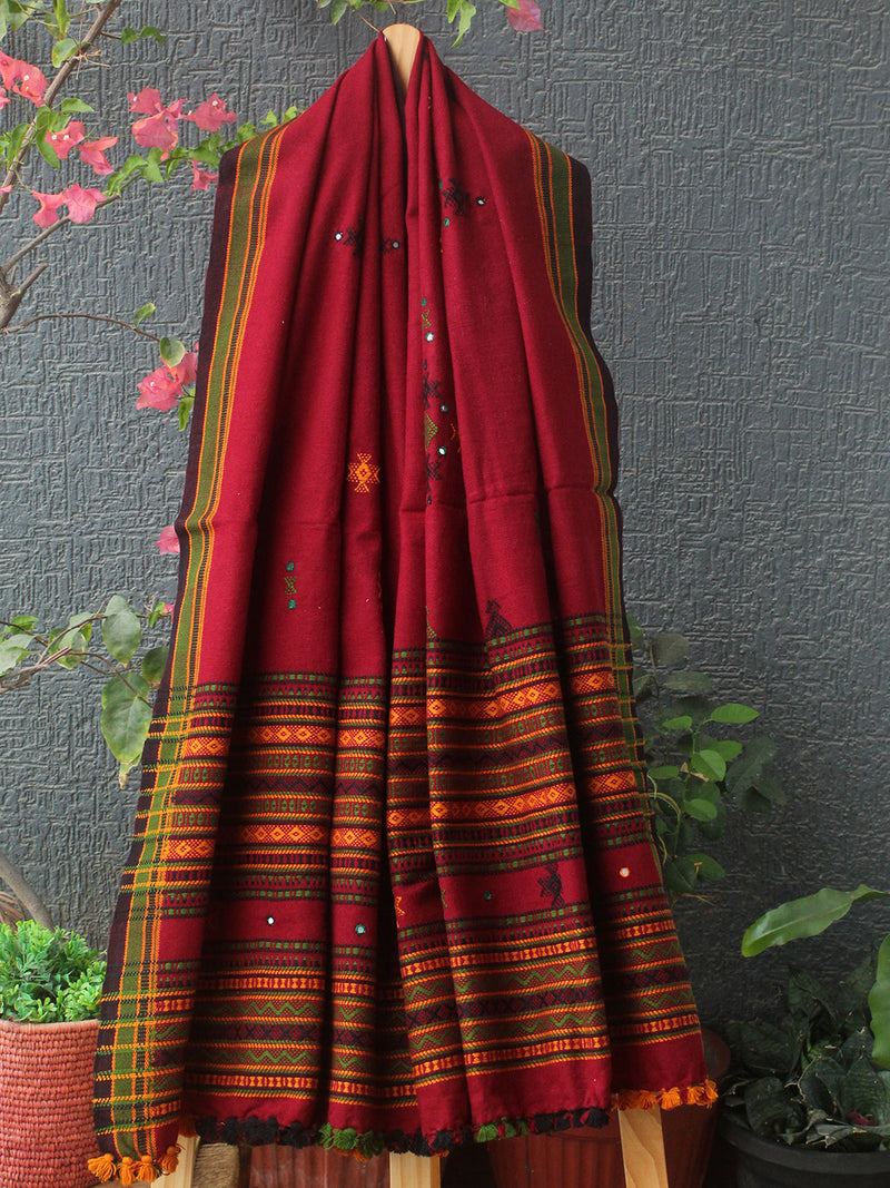 Maroon Bhujodi Handloom Acrylic Wool Shawl With Mirror Work
