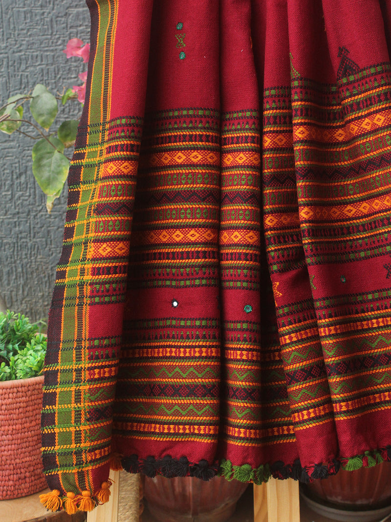 Maroon Bhujodi Handloom Acrylic Wool Shawl With Mirror Work