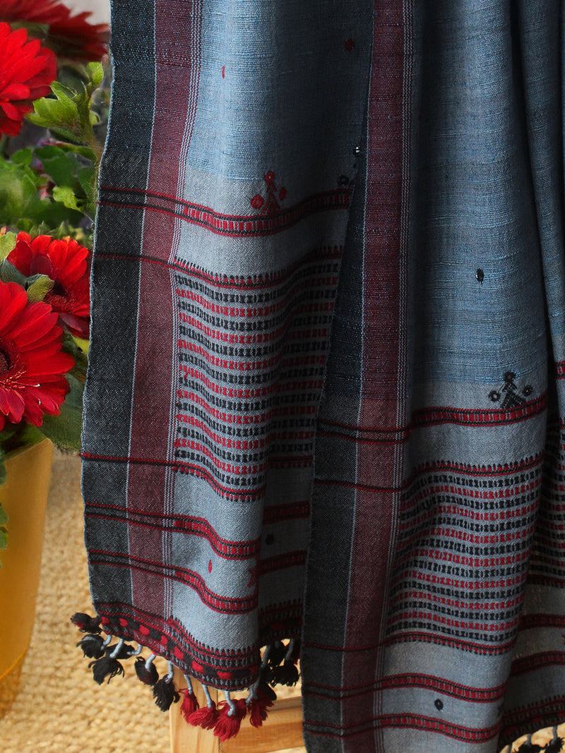 Indigo Bhujodi Handloom Pure Wool and Silk Shawl with Tassels
