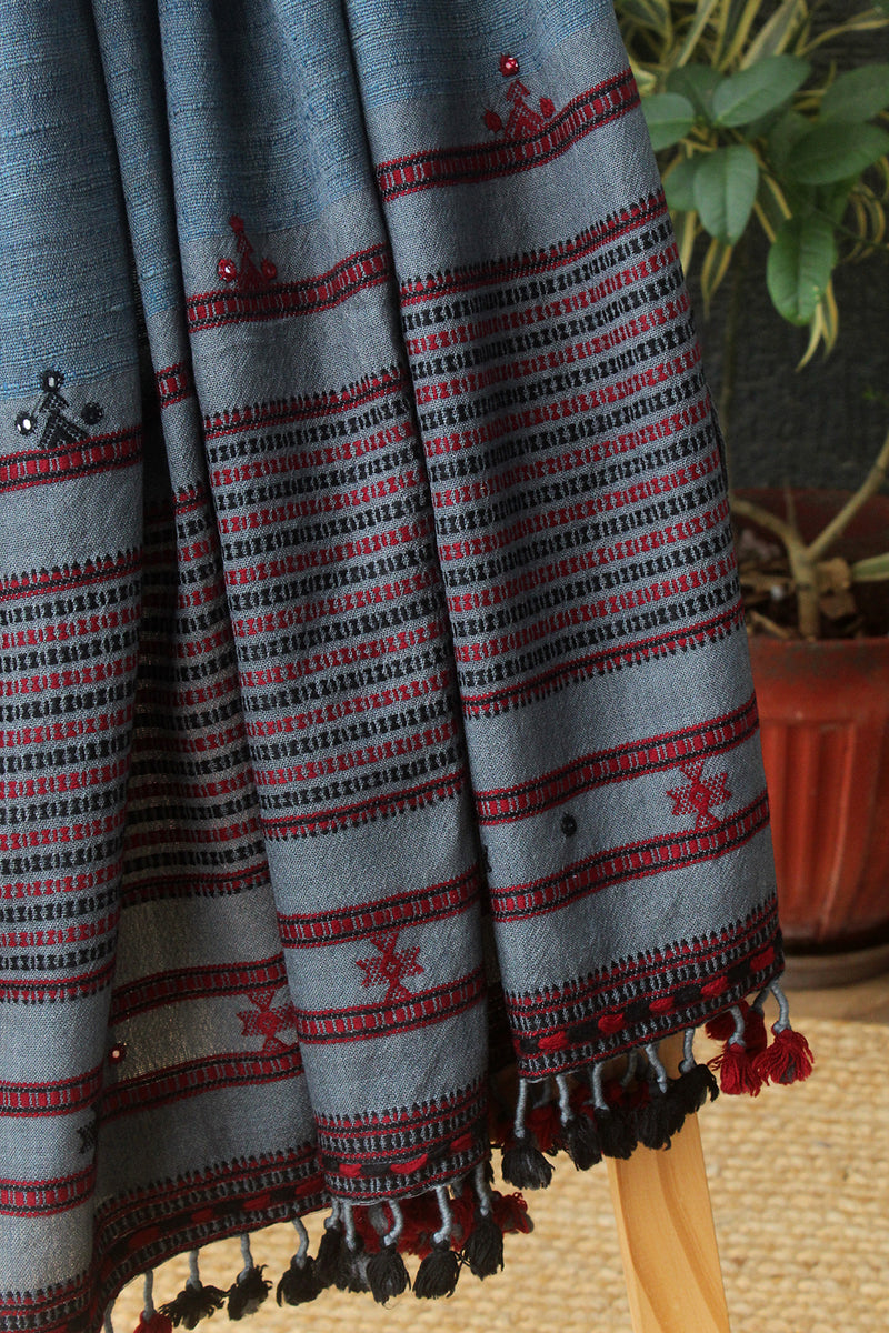 Indigo Bhujodi Handloom Pure Wool and Silk Shawl with Tassels