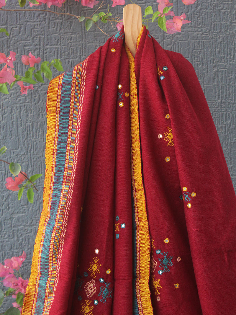 Maroon Bhujodi Handloom Acrylic Wool Shawl
