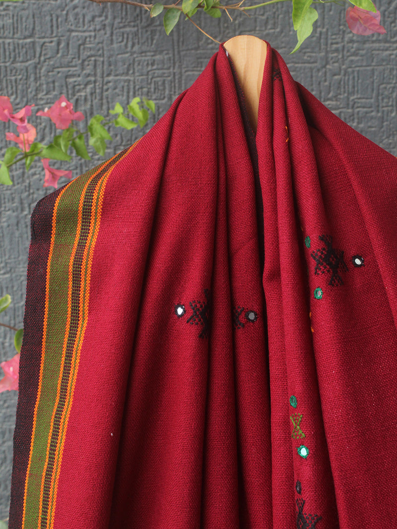 Maroon Bhujodi Handloom Acrylic Wool Shawl With Mirror Work