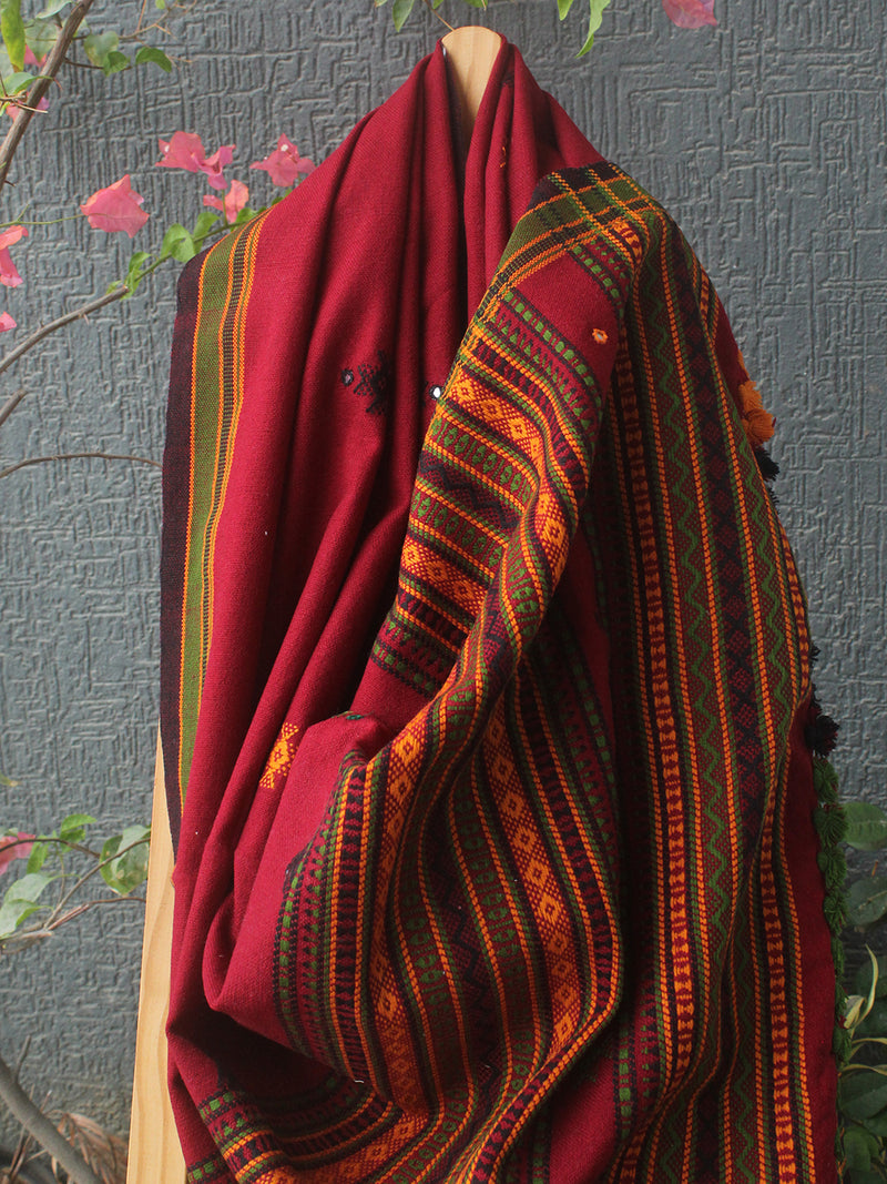 Maroon Bhujodi Handloom Acrylic Wool Shawl With Mirror Work