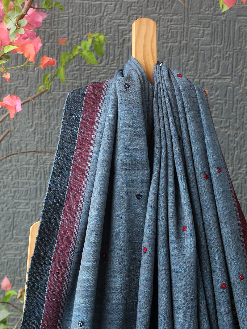 Indigo Bhujodi Handloom Pure Wool and Silk Shawl with Tassels