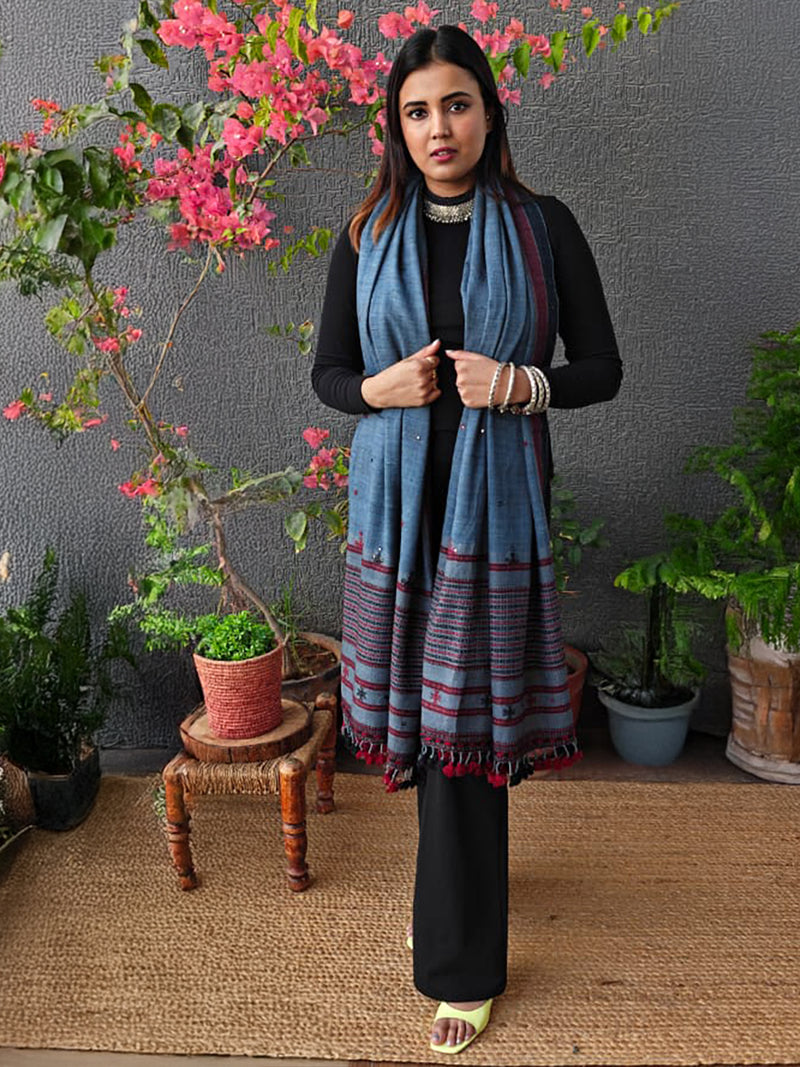 Indigo Bhujodi Handloom Pure Wool and Silk Shawl with Tassels