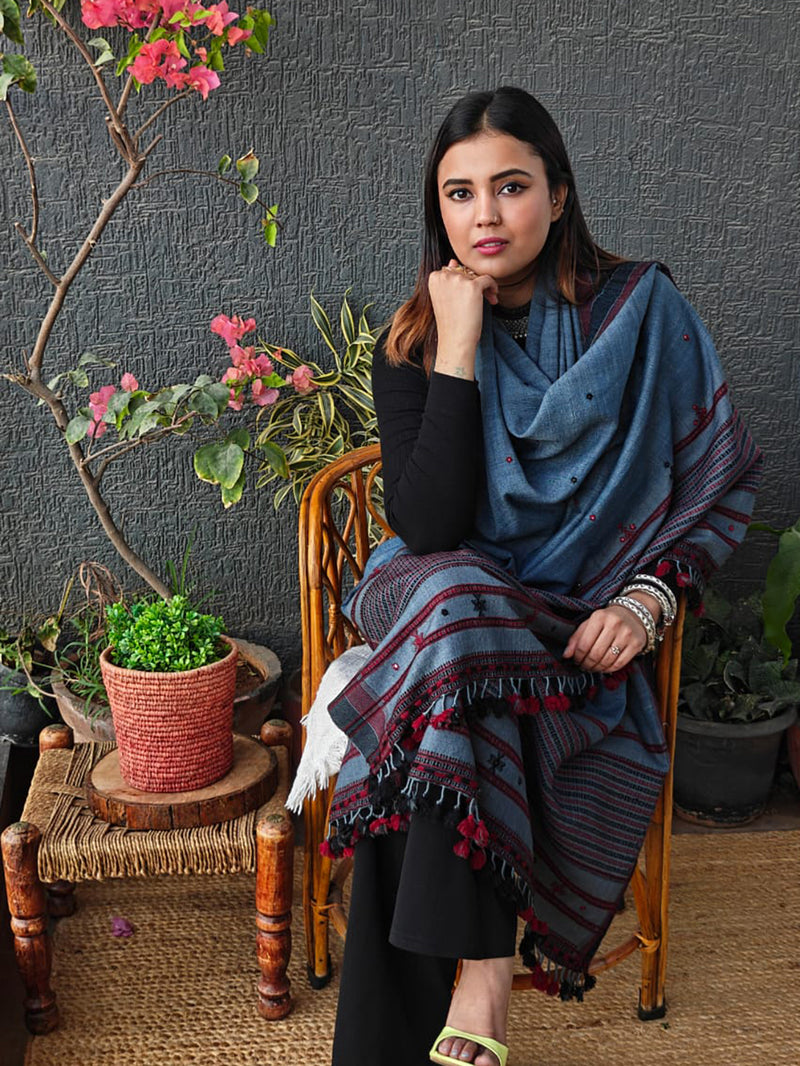 Indigo Bhujodi Handloom Pure Wool and Silk Shawl with Tassels
