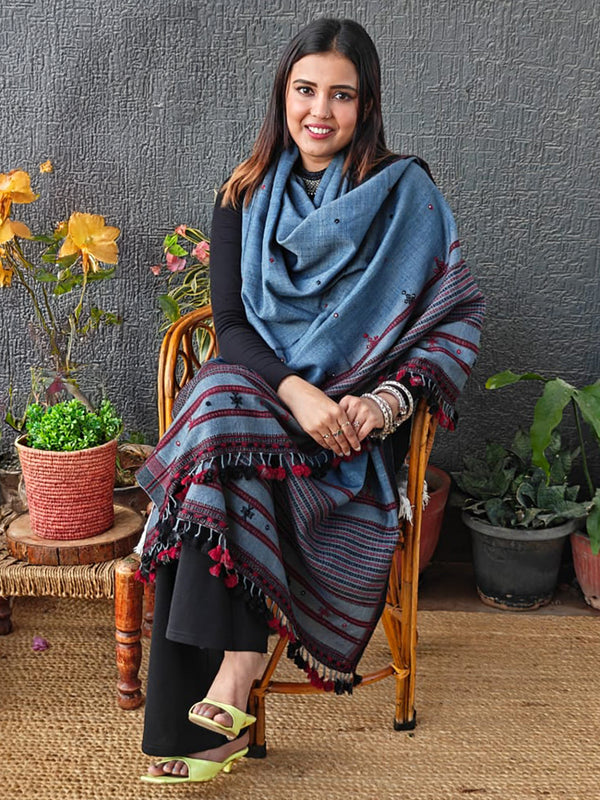 Indigo Bhujodi Handloom Pure Wool and Silk Shawl with Tassels