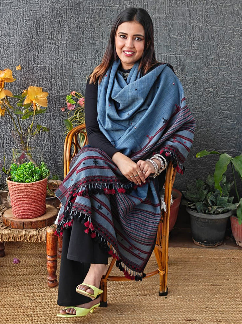 Indigo Bhujodi Handloom Pure Wool and Silk Shawl with Tassels