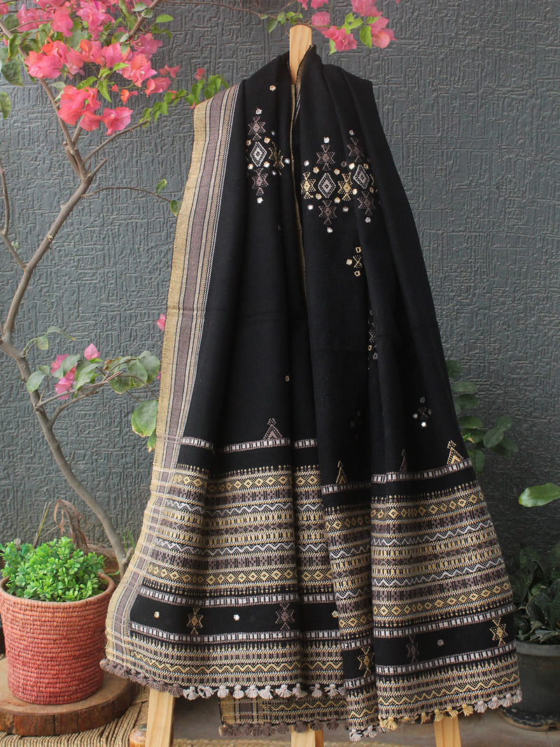 Black Bhujodi Handloom Acrylic Wool Shawl