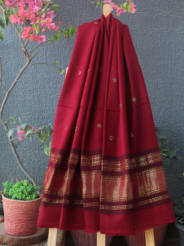 Maroon Bhujodi Handloom Acrylic Wool Shawl