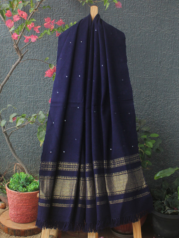 Ink Blue Bhujodi Handloom Acrylic Wool Jamkhambaliya Shawl With Mirror Work