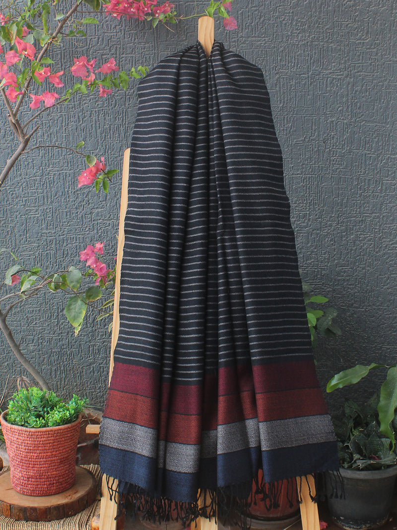 Black Striped Kullu Handloom Pure Wool Stole