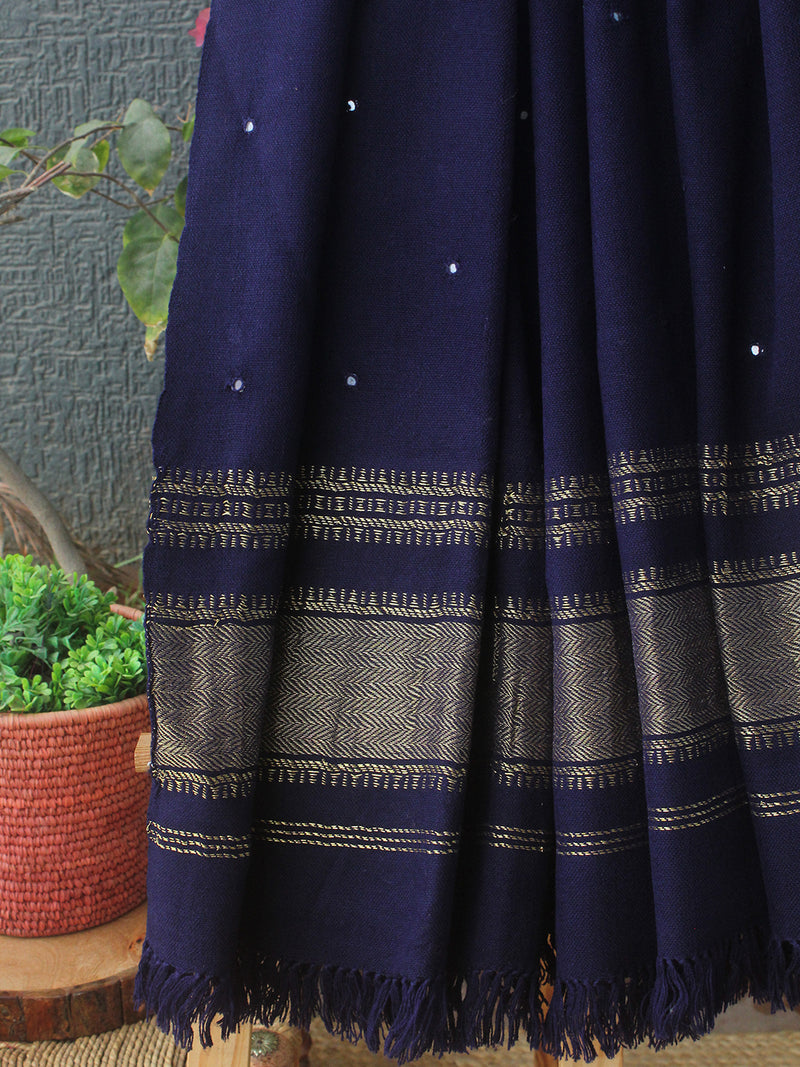 Ink Blue Bhujodi Handloom Acrylic Wool Jamkhambaliya Shawl With Mirror Work