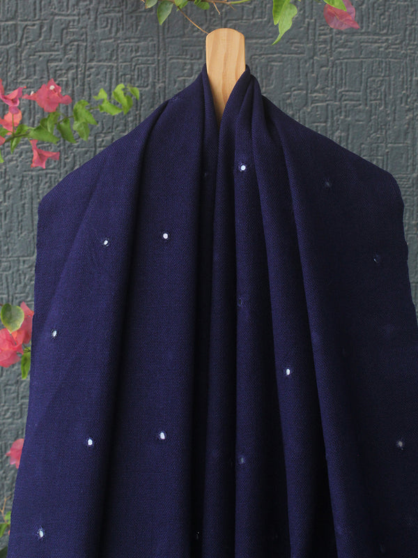 Ink Blue Bhujodi Handloom Acrylic Wool Jamkhambaliya Shawl With Mirror Work
