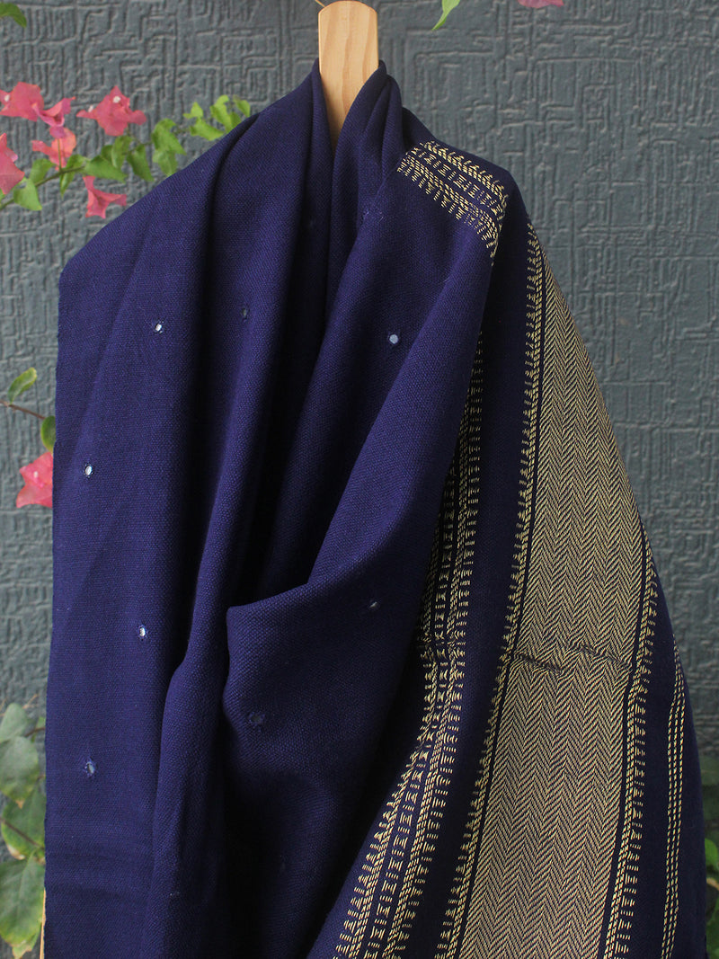 Ink Blue Bhujodi Handloom Acrylic Wool Jamkhambaliya Shawl With Mirror Work