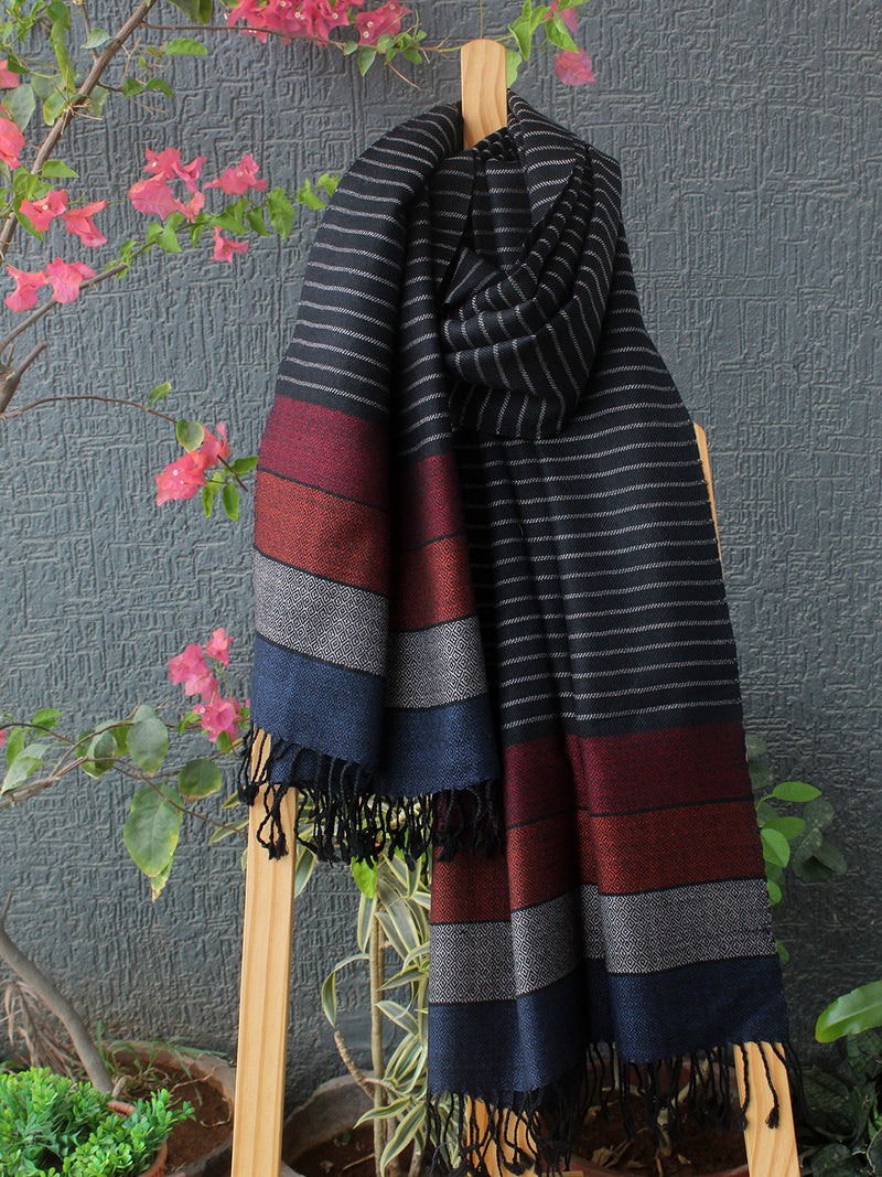 Black Striped Kullu Handloom Pure Wool Stole