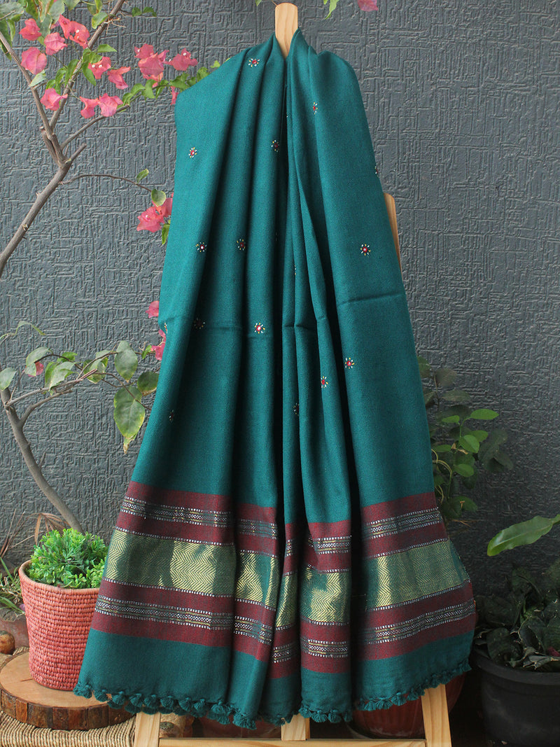 Teal Bhujodi Handloom Acrylic Wool Jamkhambaliya Shawl With Mirror Work
