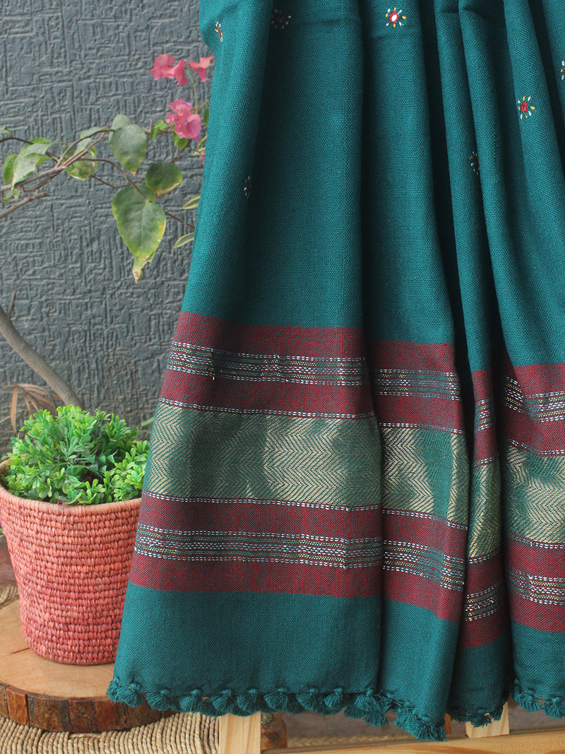 Teal Bhujodi Handloom Acrylic Wool Jamkhambaliya Shawl With Mirror Work